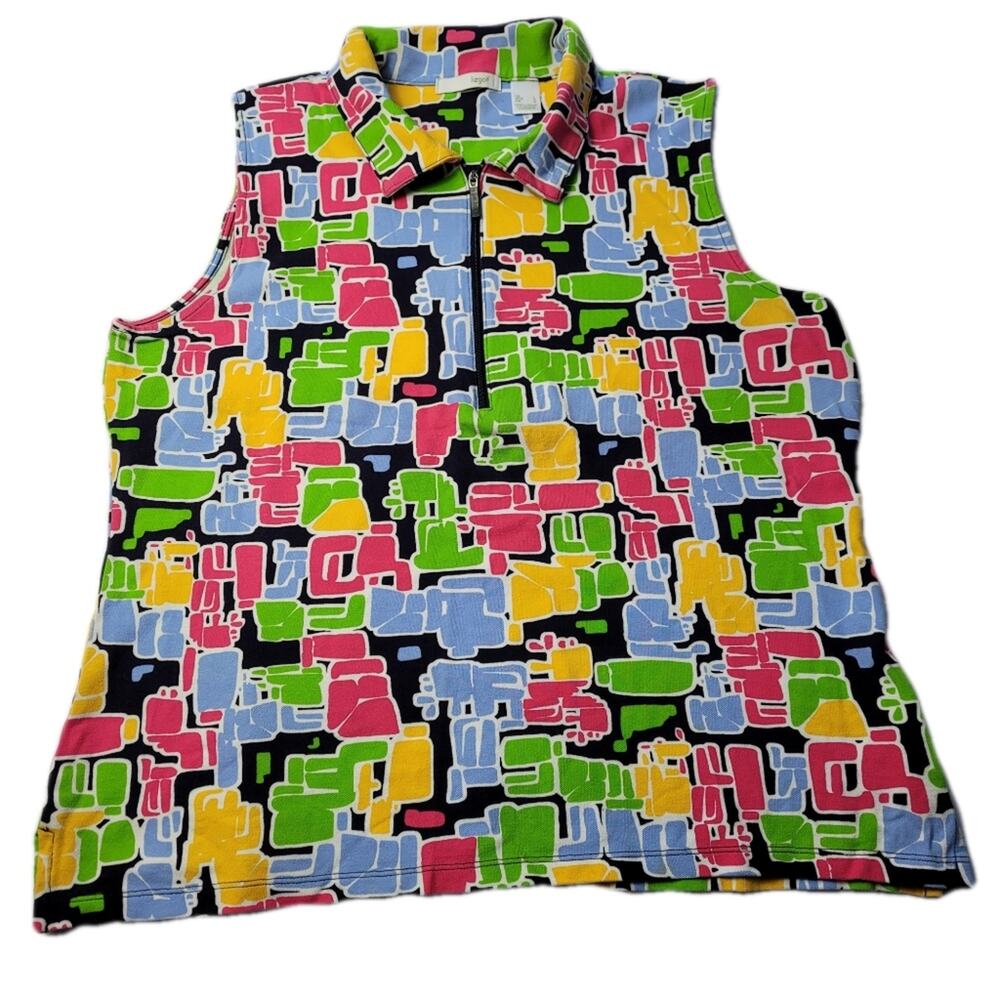 Lizgolf Geometric Print Quarter Zip Sleeveless Top size Large
